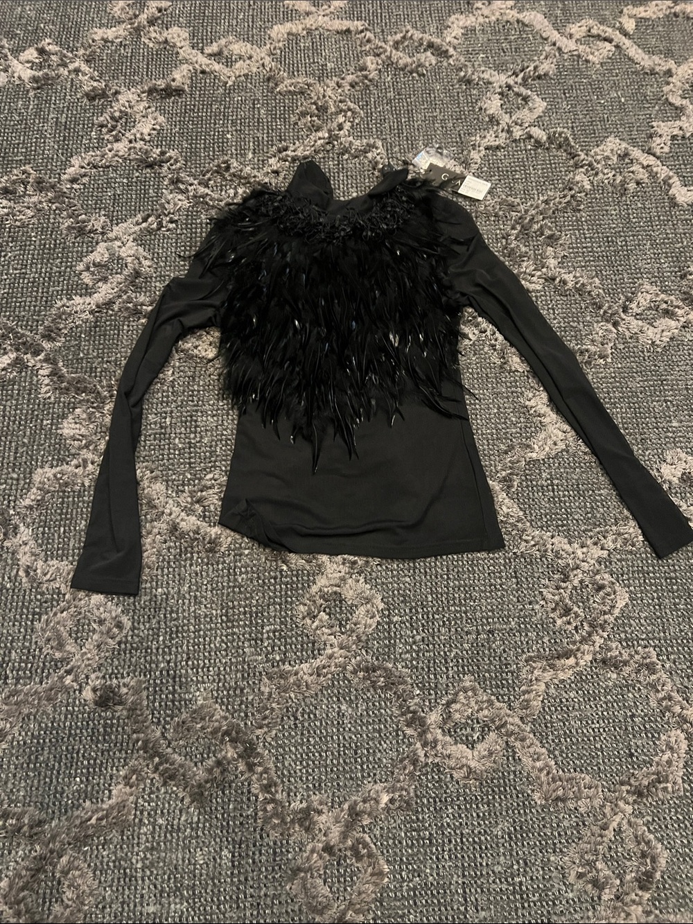 Gracia Black Feather-Trim Long Sleeve Top